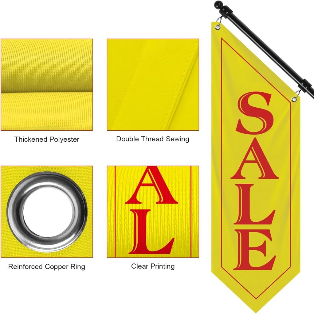 Sale Wall - Mounted Flag, Double - Sided Three - ply Hanging Open Sign with Pole and Mounting Kit（Yellow - B）