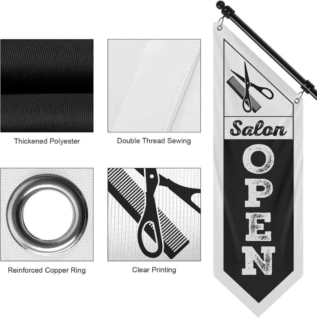 Salon Open Flag, Double - Sided Three - ply Hanging Open Sign with Pole and Mounting Kit（Black - B）