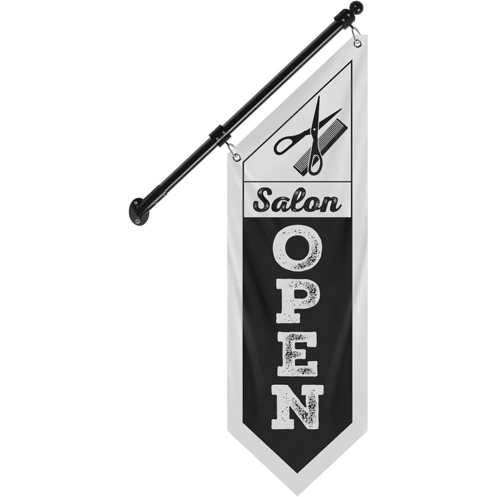 Salon Open Flag, Double - Sided Three - ply Hanging Open Sign with Pole and Mounting Kit（Black - B）