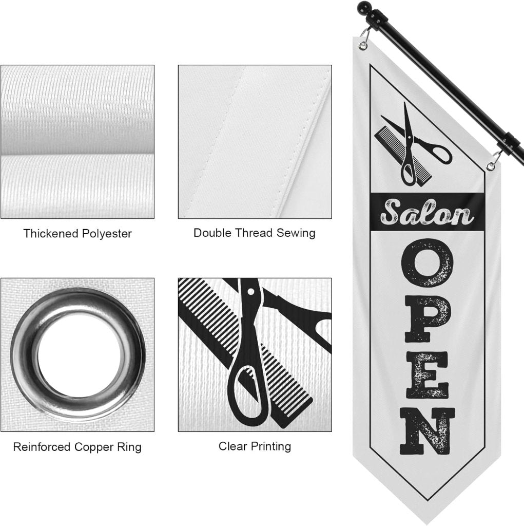 Salon Open Flag, Double - Sided Three - ply Hanging Open Sign with Pole and Mounting Kit（White - B）