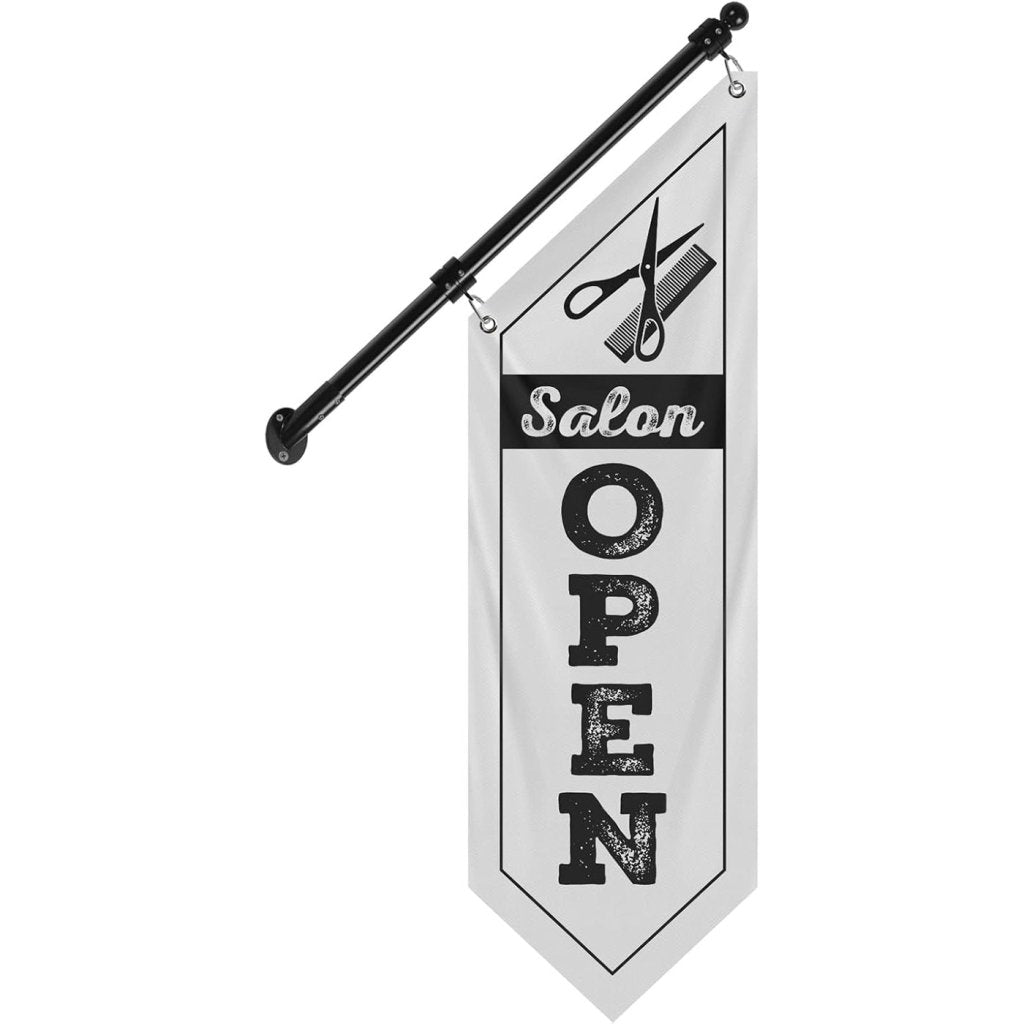 Salon Open Flag, Double - Sided Three - ply Hanging Open Sign with Pole and Mounting Kit（White - B）