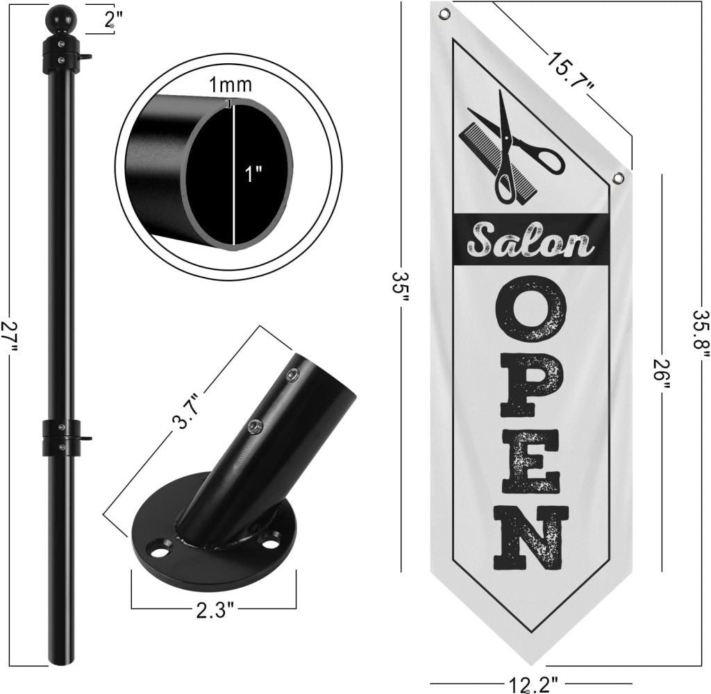 Salon Open Flag, Double - Sided Three - ply Hanging Open Sign with Pole and Mounting Kit（White - B）