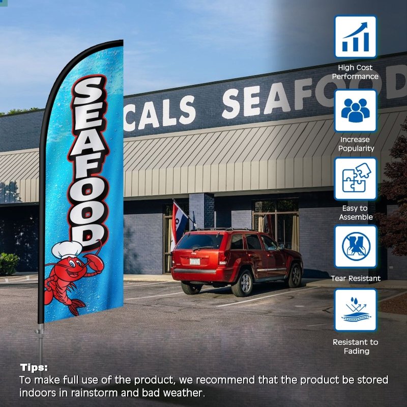 Seafood Sign - 8FT Mariscos Seafood Banner Feather Flag with Stainless Steel Pole Kit(2m flag set)