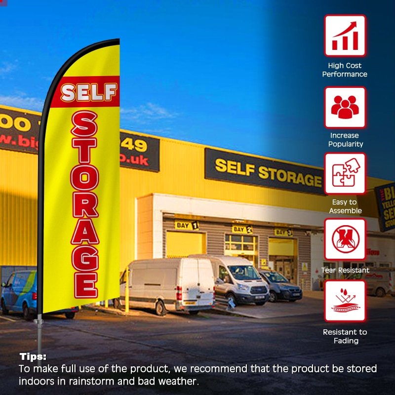 Self Storage Signs - 8FT Self Storage Yellow Feather Flag with Stainless Steel Pole Kit(2m flag set)