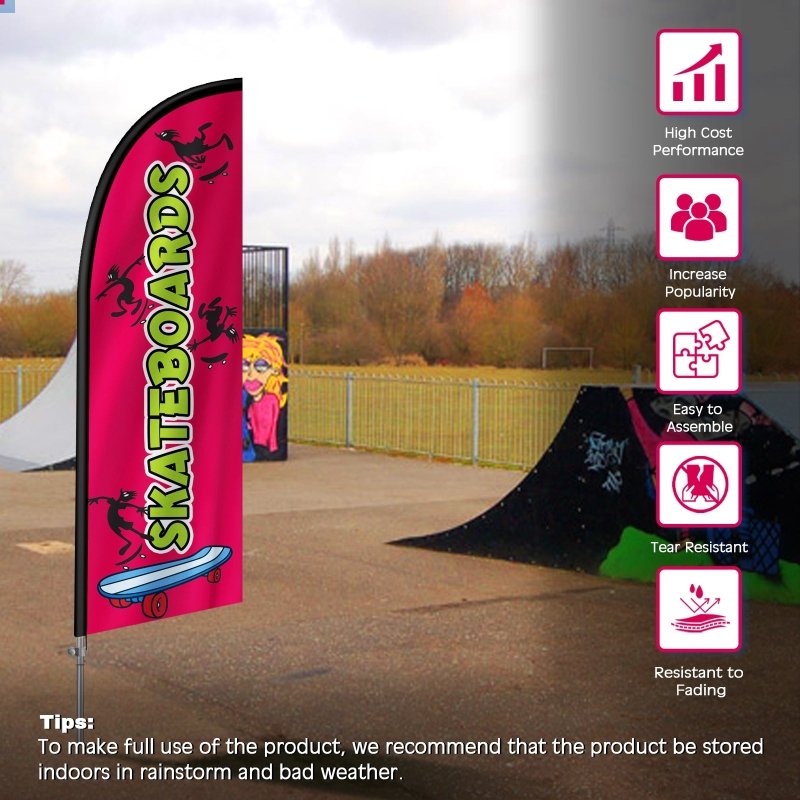 Skateboard Flag - 8FT Skateboards Banner Feather Flag with Stainless Steel Pole Kit(2m flag set)