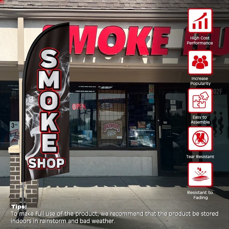 Smoke Shop sign - 8FT Smoke Shop Banner Feather Flag with Stainless Steel Pole Kit(2m flag set)