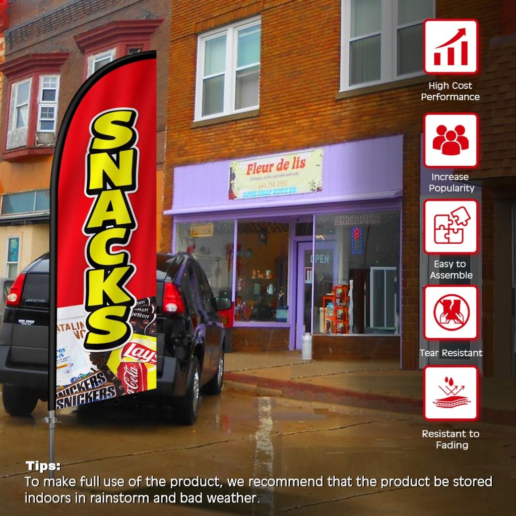 Snack Bar Sign - 8FT Snacks Banner Feather Flag with Stainless Steel Pole Kit(2m flag set)