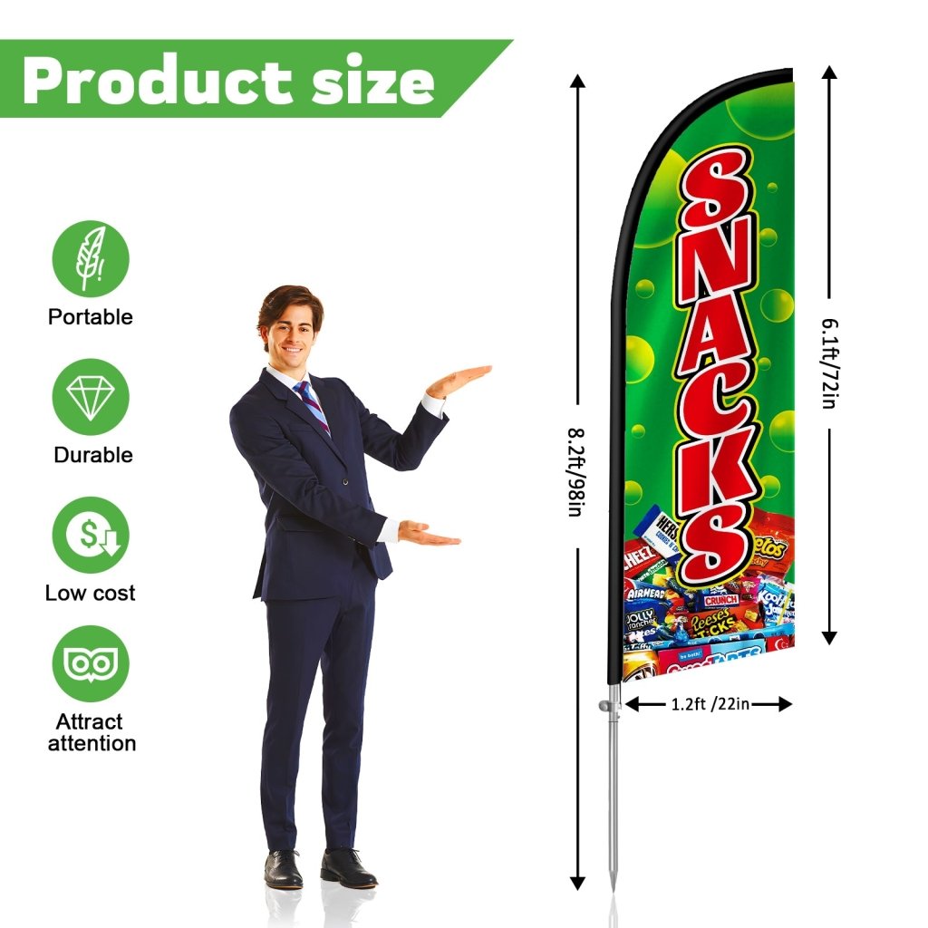 Snack Bar Sign - 8FT Snacks Green Feather Flag with Stainless Steel Pole Kit(2m flag set )