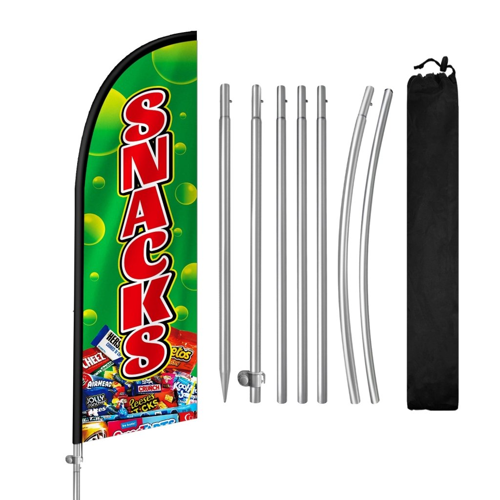 Snack Bar Sign - 8FT Snacks Green Feather Flag with Stainless Steel Pole Kit(2m flag set )