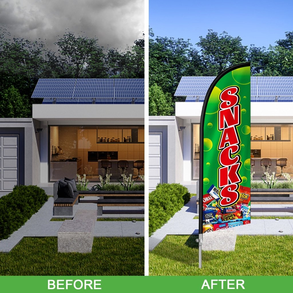 Snack Bar Sign - 8FT Snacks Green Feather Flag with Stainless Steel Pole Kit(2m flag set )