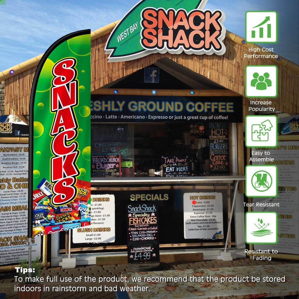 Snack Bar Sign - 8FT Snacks Green Feather Flag with Stainless Steel Pole Kit(2m flag set )