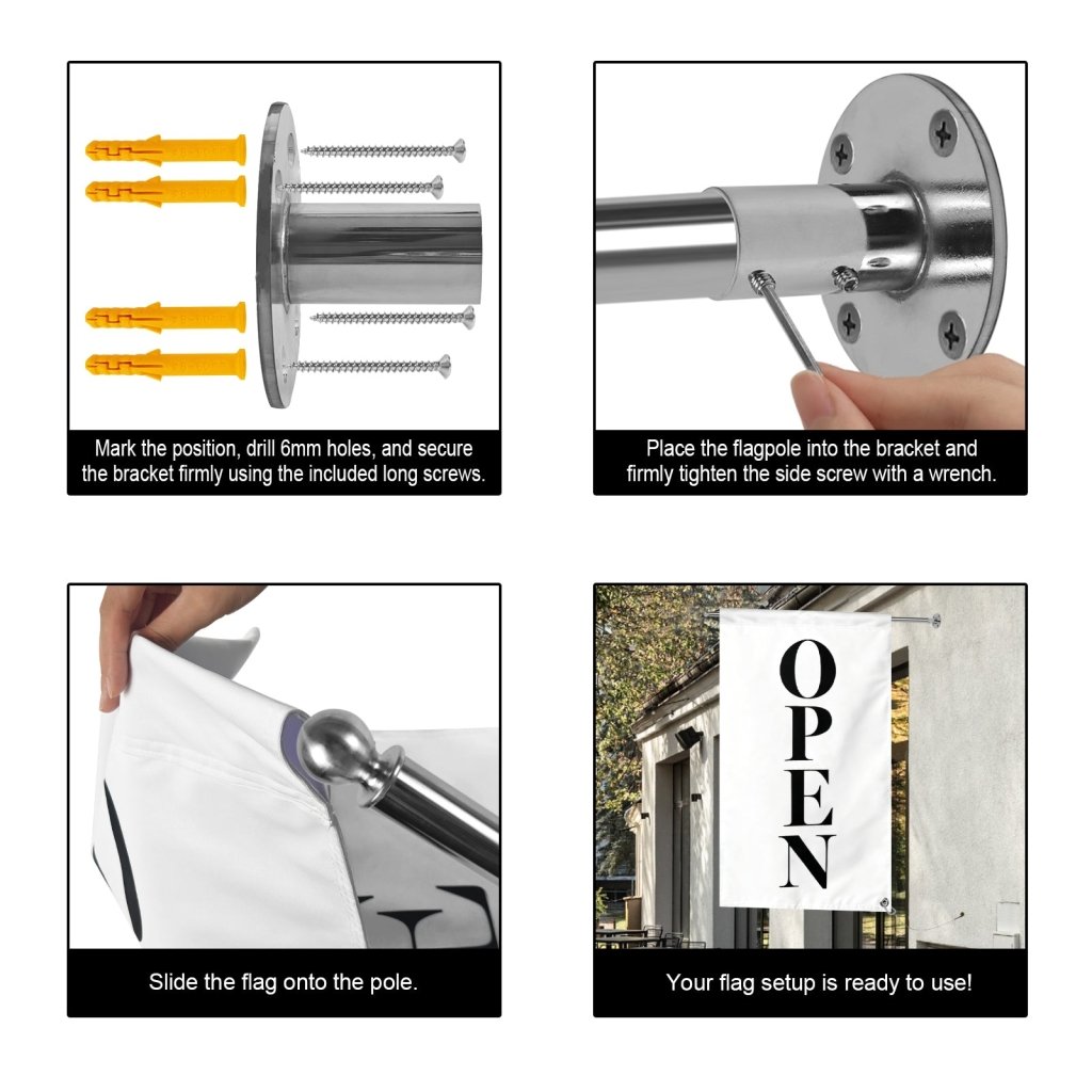 Stainless Steel 90° Wall Mounted Flag Pole Kit, Business Sign Display