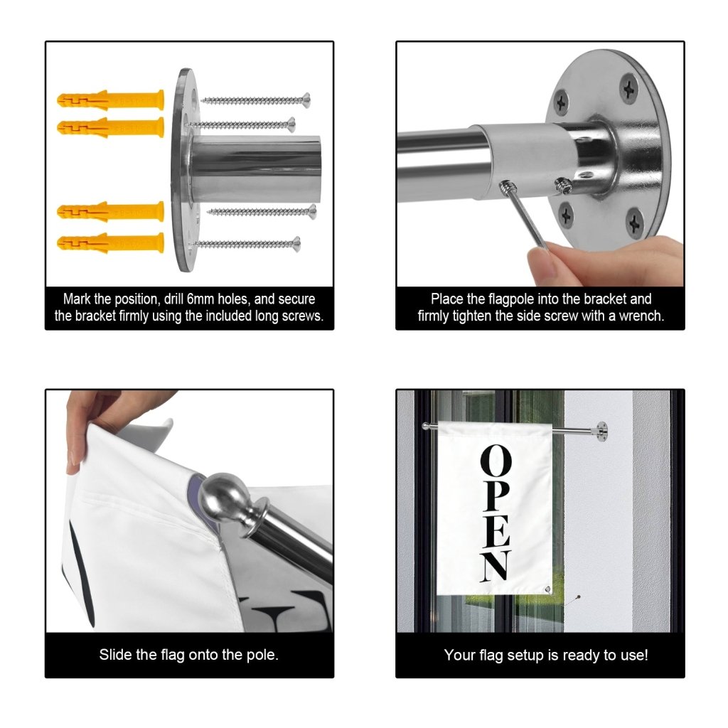 Stainless Steel 90° Wall Mounted Flag Pole Kit, Business Sign Display