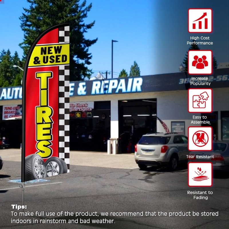 Tire Shop Flags - 8FT New & Used Tires Banner Feather Flag with Stainless Steel Pole Kit(2m flag set)