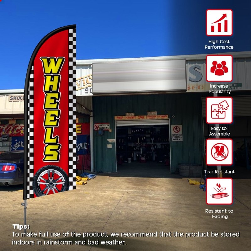 Tire Shop Signs - 8FT Wheels 02 Banner Feather Flag with Stainless Steel Pole Kit(2m flag set)