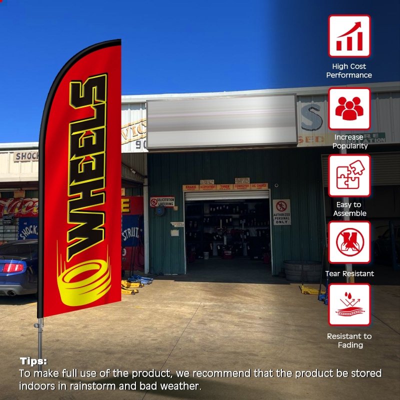 Tire Shop Signs - 8FT Wheels Banner Feather Flag with Stainless Steel Pole Kit(2m flag set)