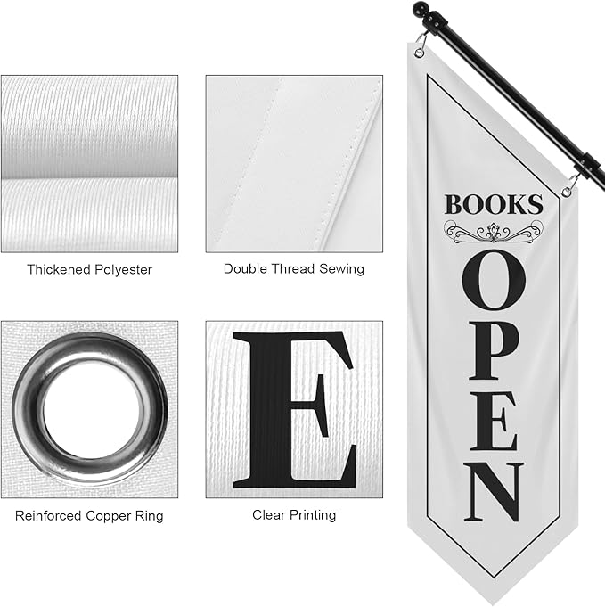 Vintage Style Book Open Flag, Double - Sided Three - ply Hanging Open Sign with Pole and Mounting Kit (White - B)