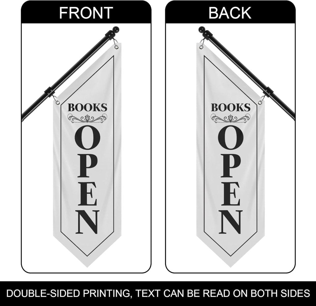Vintage Style Book Open Flag, Double - Sided Three - ply Hanging Open Sign with Pole and Mounting Kit (White - B)