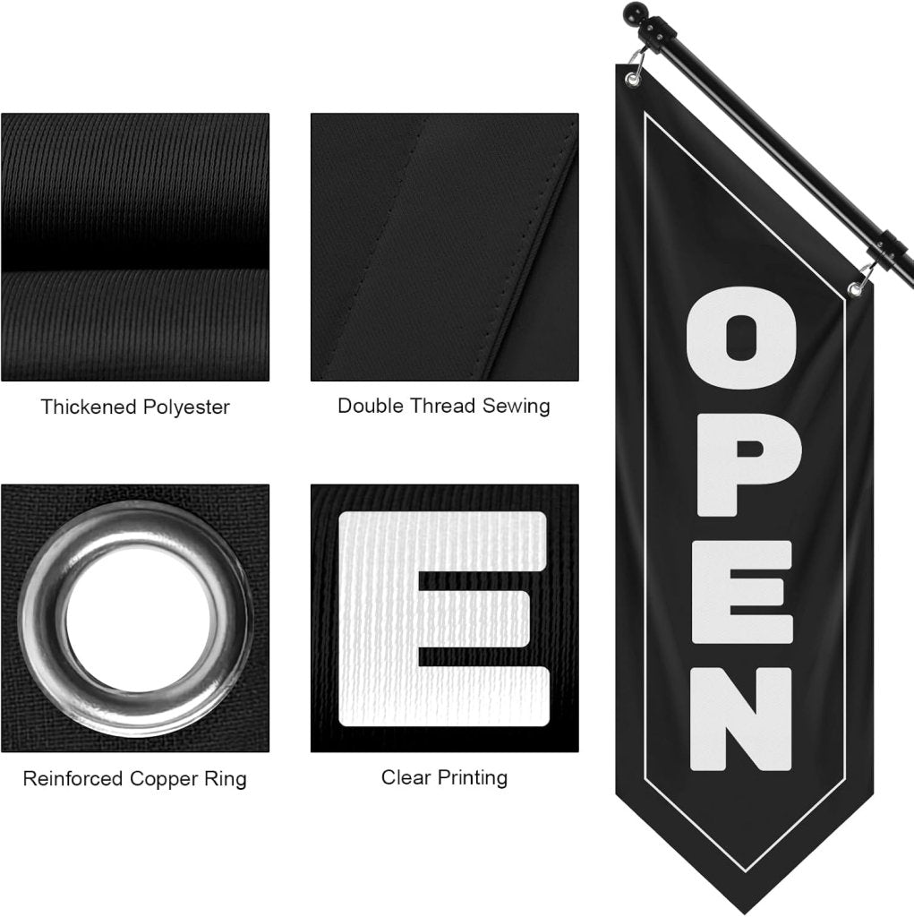 Vintage Style Open Flag, Double - Sided Three - ply Hanging Open Sign with Pole and Mounting Kit (Black)