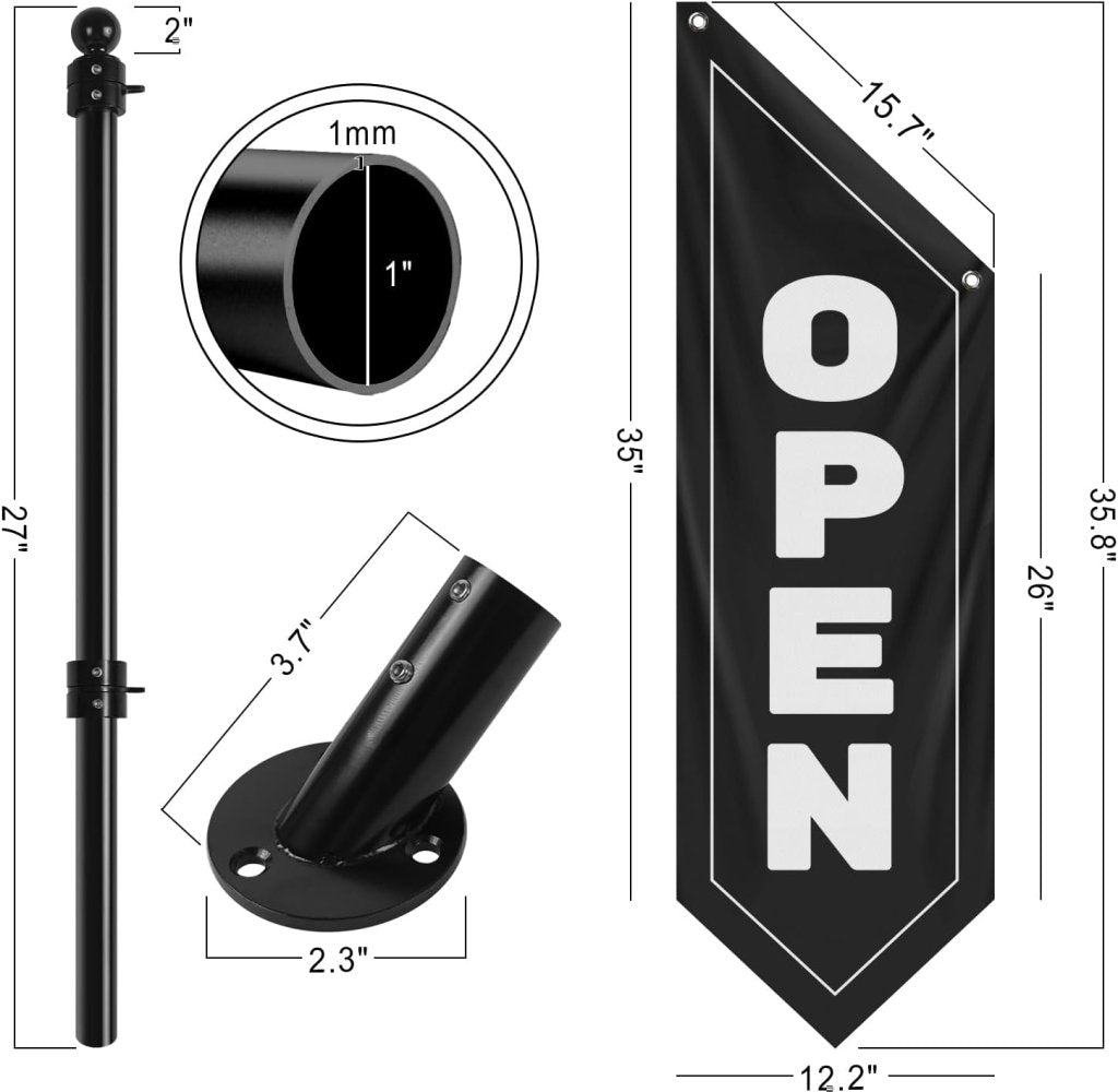 Vintage Style Open Flag, Double - Sided Three - ply Hanging Open Sign with Pole and Mounting Kit (Black)