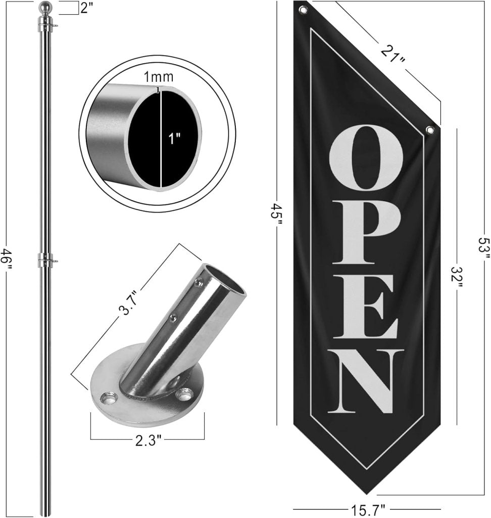 Vintage Style Open Flag, Double - Sided Three - ply Hanging Open Sign with Pole and Mounting Kit (Black - W, 27