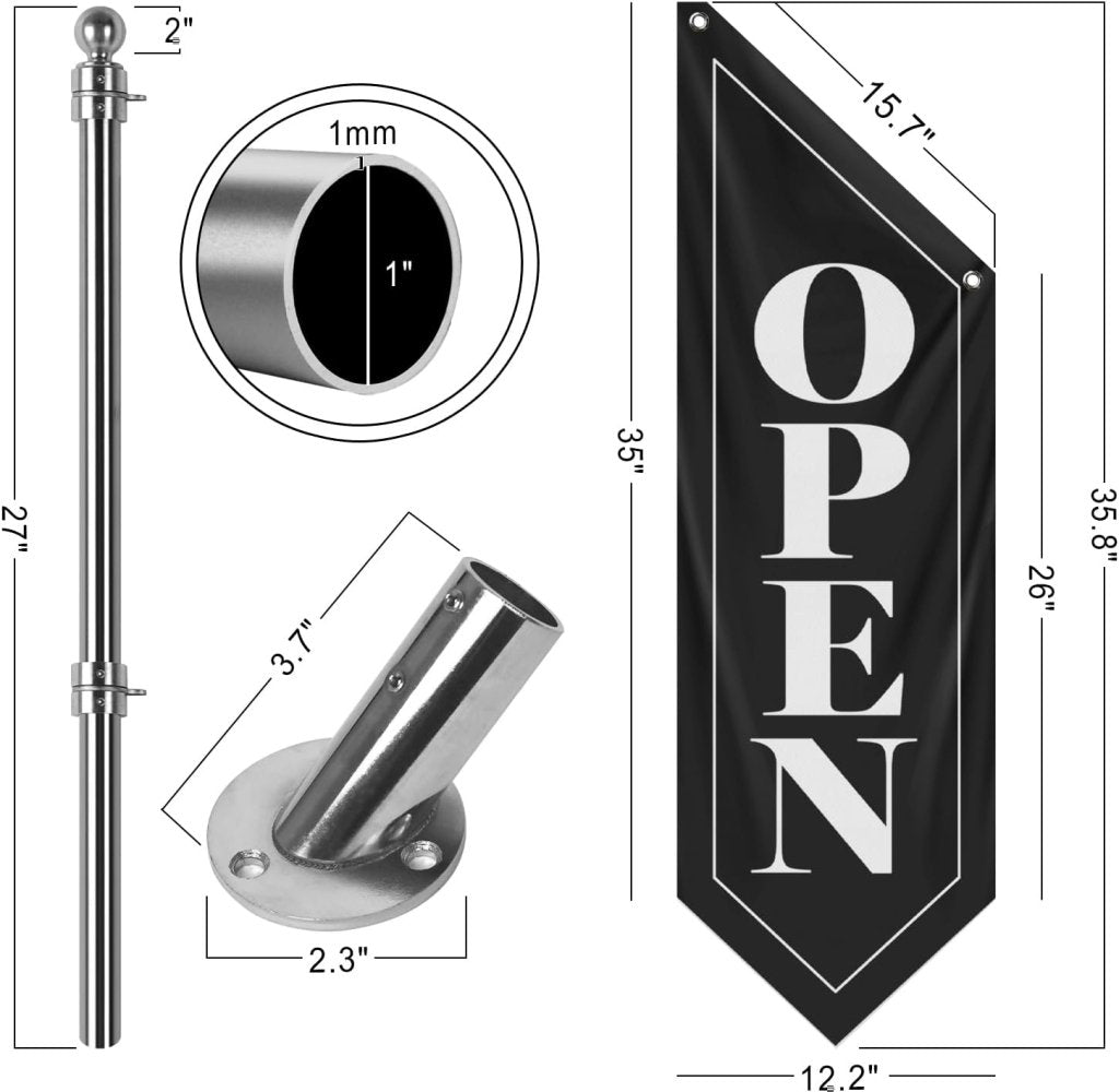 Vintage Style Open Flag, Double - Sided Three - ply Hanging Open Sign with Pole and Mounting Kit (Black - W, 27