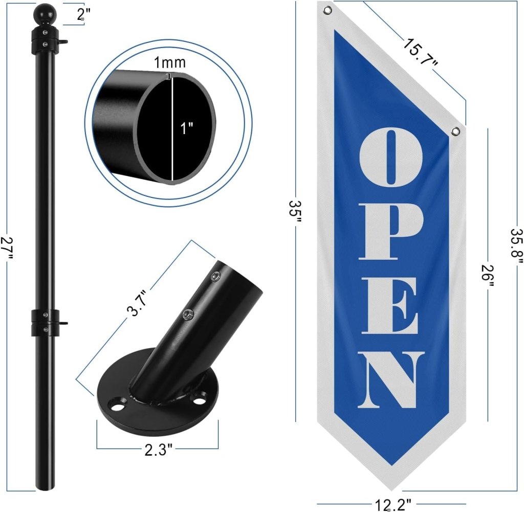 Vintage Style Open Flag, Double - Sided Three - ply Hanging Open Sign with Pole and Mounting Kit (Blue - B)