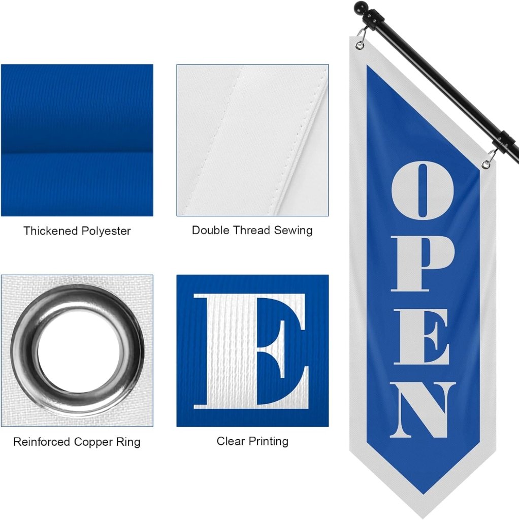 Vintage Style Open Flag, Double - Sided Three - ply Hanging Open Sign with Pole and Mounting Kit (Blue - B)