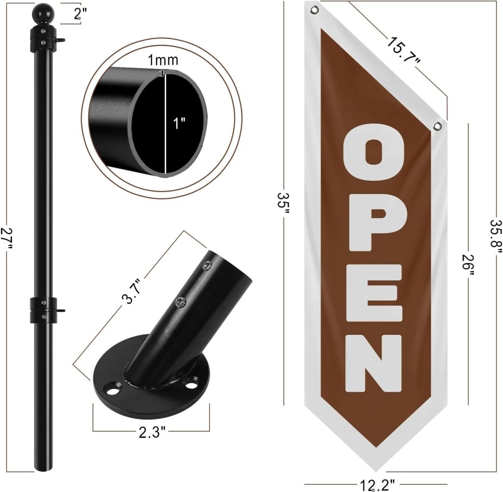 Vintage Style Open Flag, Double - Sided Three - ply Hanging Open Sign with Pole and Mounting Kit (Brown)