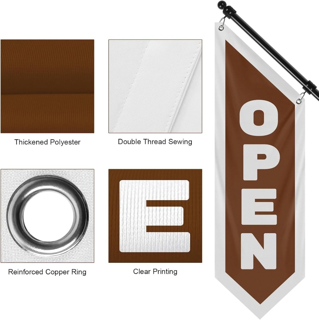 Vintage Style Open Flag, Double - Sided Three - ply Hanging Open Sign with Pole and Mounting Kit (Brown)