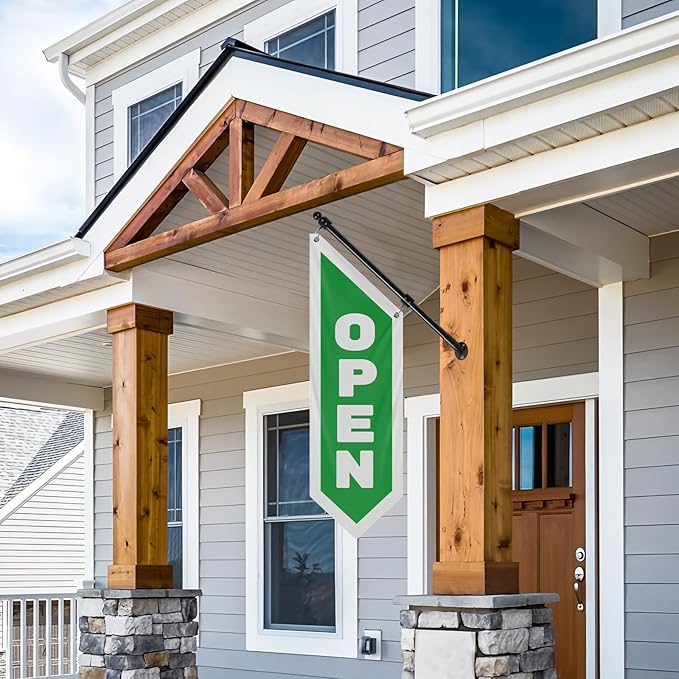 Vintage Style Open Flag, Double - Sided Three - ply Hanging Open Sign with Pole and Mounting Kit (Green)