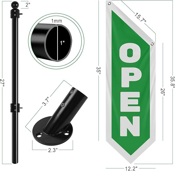 Vintage Style Open Flag, Double - Sided Three - ply Hanging Open Sign with Pole and Mounting Kit (Green)