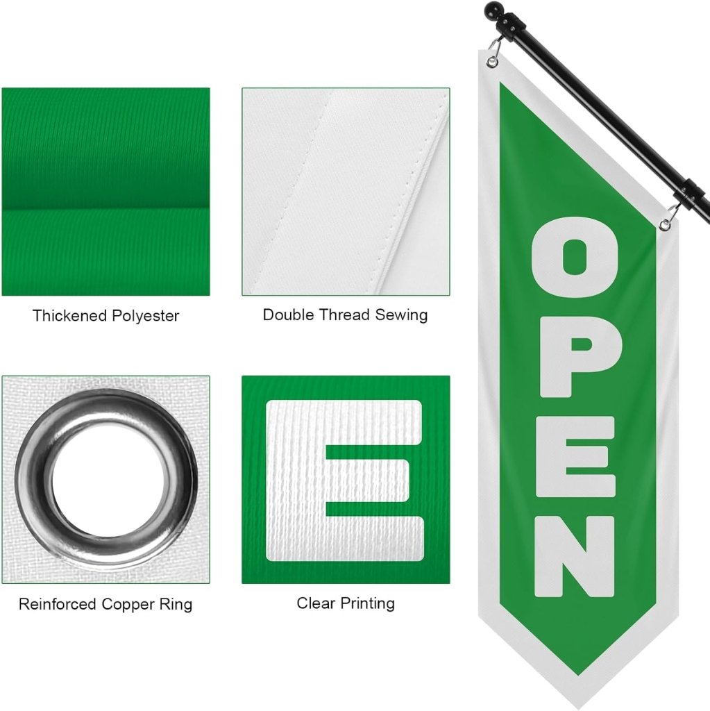 Vintage Style Open Flag, Double - Sided Three - ply Hanging Open Sign with Pole and Mounting Kit (Green)