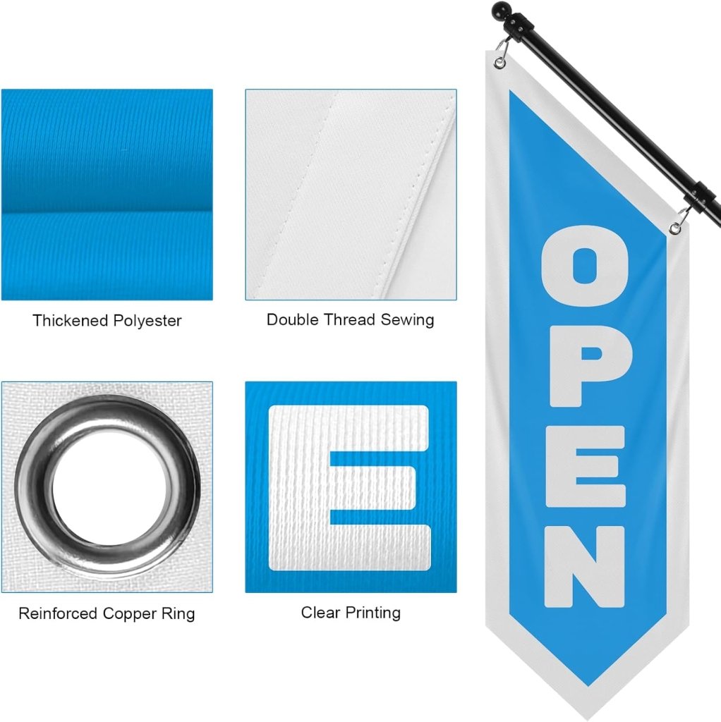 Vintage Style Open Flag, Double - Sided Three - ply Hanging Open Sign with Pole and Mounting Kit (light blue)