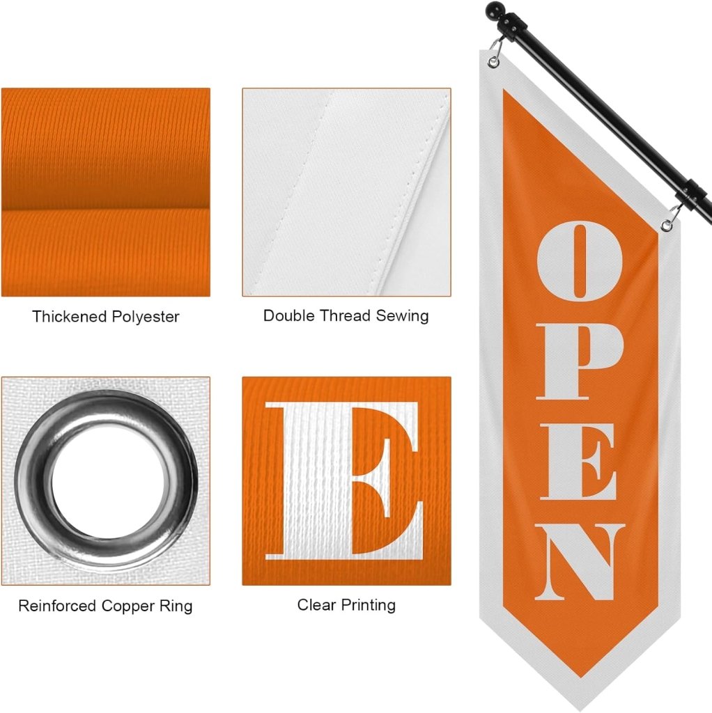 Vintage Style Open Flag, Double - Sided Three - ply Hanging Open Sign with Pole and Mounting Kit (Orange - B)
