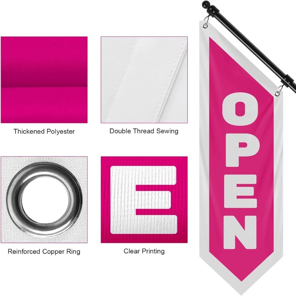 Vintage Style Open Flag, Double - Sided Three - ply Hanging Open Sign with Pole and Mounting Kit (Pink)