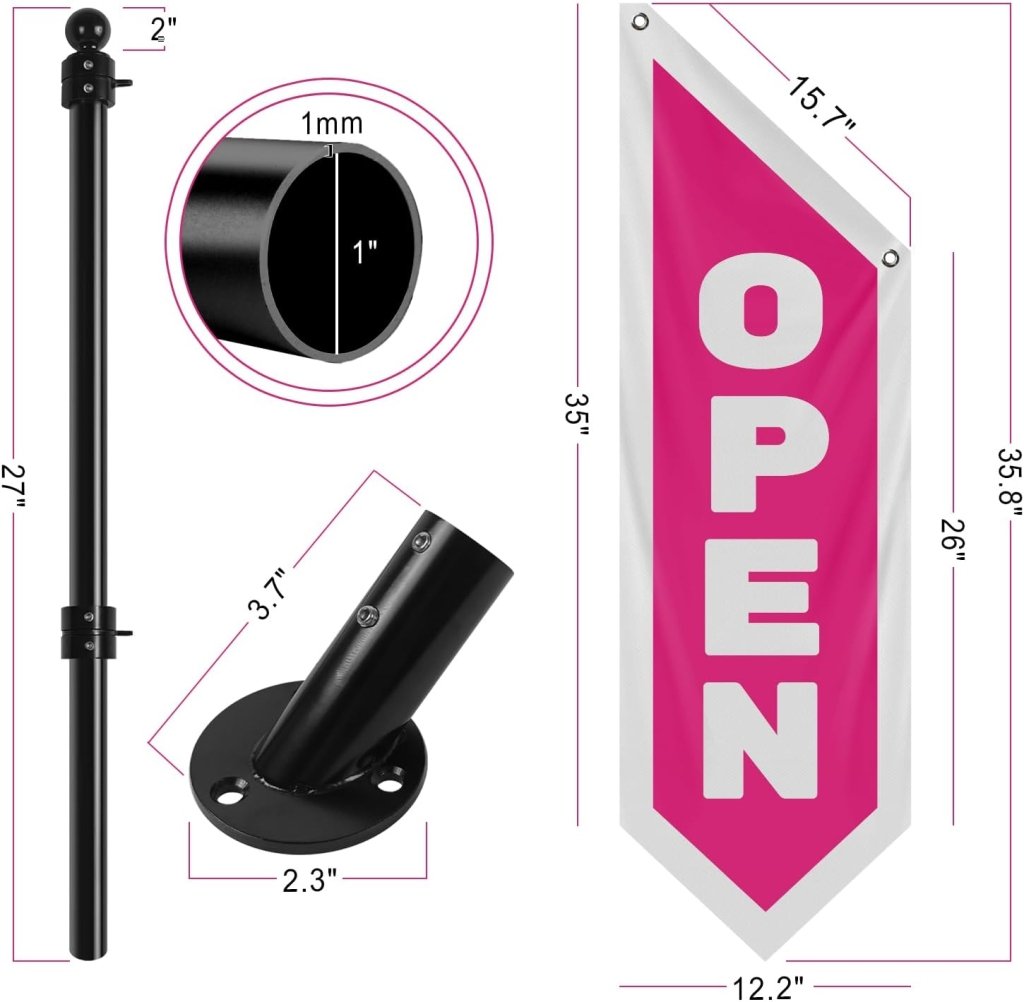 Vintage Style Open Flag, Double - Sided Three - ply Hanging Open Sign with Pole and Mounting Kit (Pink)