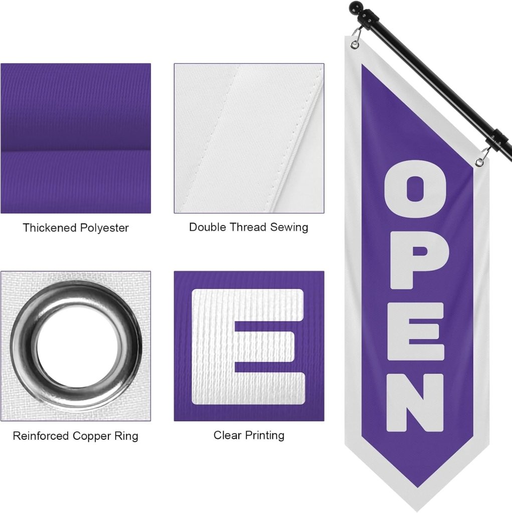 Vintage Style Open Flag, Double - Sided Three - ply Hanging Open Sign with Pole and Mounting Kit (Purple)