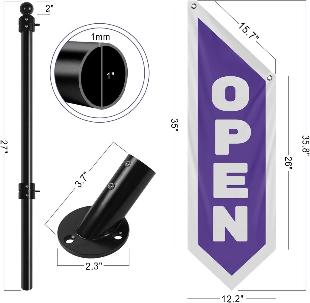 Vintage Style Open Flag, Double - Sided Three - ply Hanging Open Sign with Pole and Mounting Kit (Purple)
