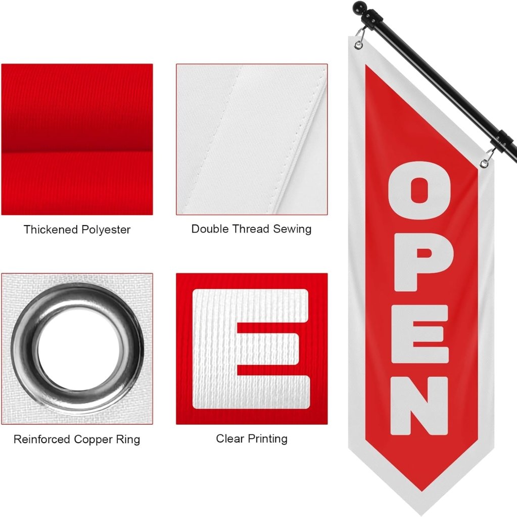 Vintage Style Open Flag, Double - Sided Three - ply Hanging Open Sign with Pole and Mounting Kit (Red)