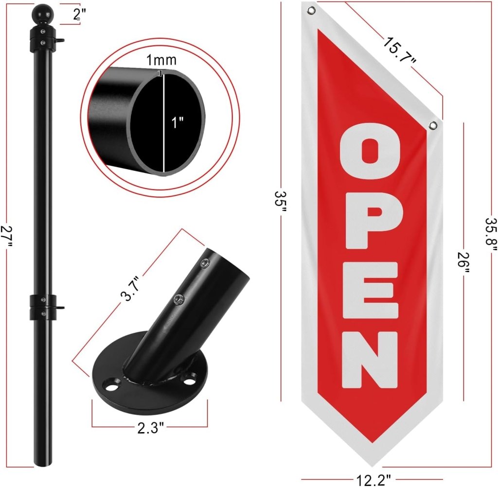 Vintage Style Open Flag, Double - Sided Three - ply Hanging Open Sign with Pole and Mounting Kit (Red)