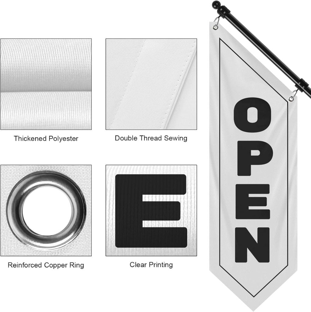 Vintage Style Open Flag, Double - Sided Three - ply Hanging Open Sign with Pole and Mounting Kit (White)