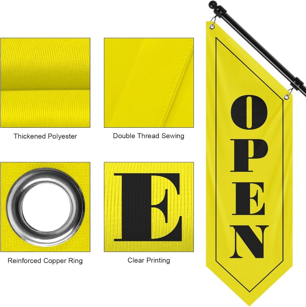 Vintage Style Open Flag, Double - Sided Three - ply Hanging Open Sign with Pole and Mounting Kit (Yellow - B)