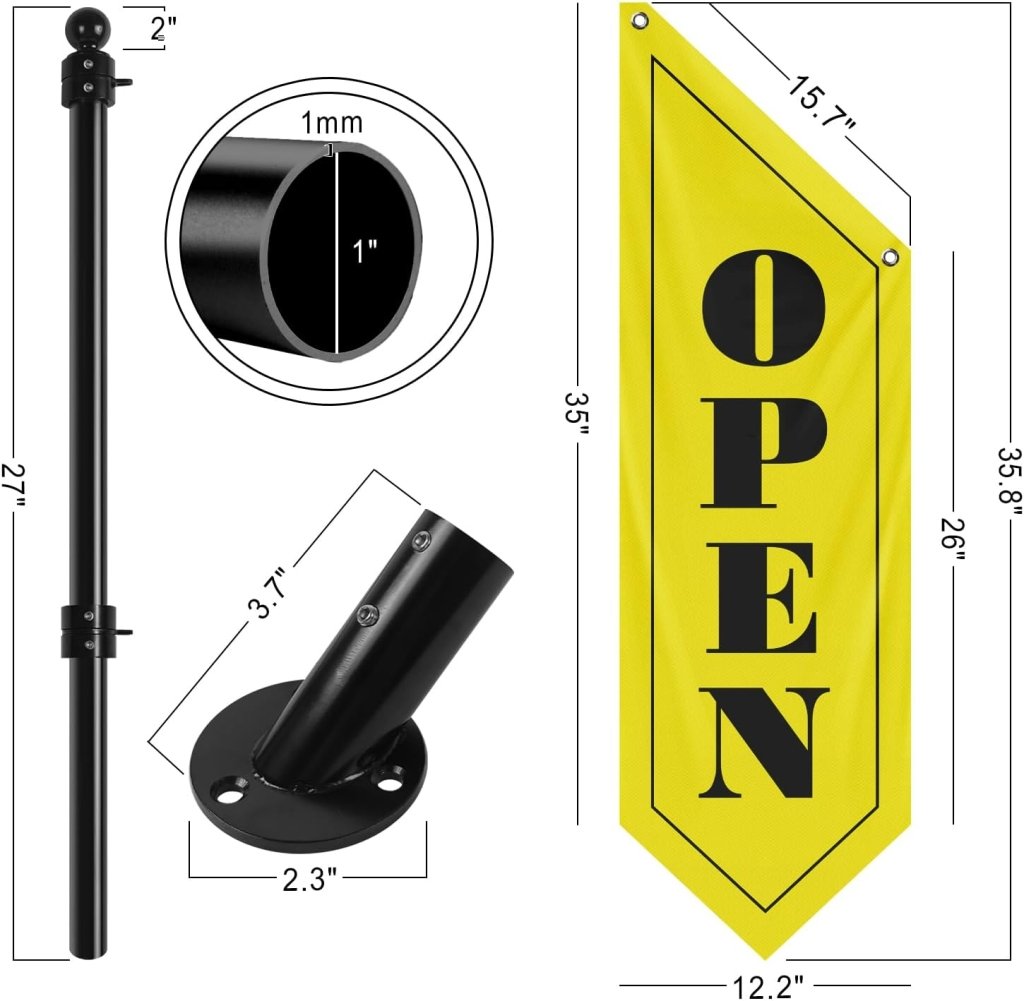 Vintage Style Open Flag, Double - Sided Three - ply Hanging Open Sign with Pole and Mounting Kit (Yellow - B)
