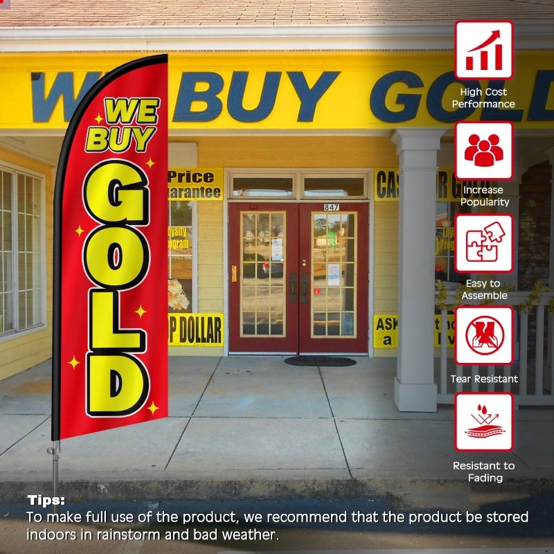 We Buy Gold Flags - 8FT We Buy Gold Banner Feather Flag with Stainless Steel Pole Kit(2m flag set)