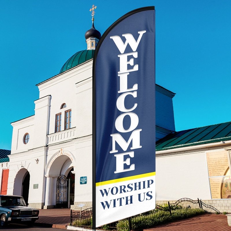 Welcome Flag - 11FT Windless Welcome Feather Flag with Flagpole/Ground Stake/Portable Bag(3.4m)