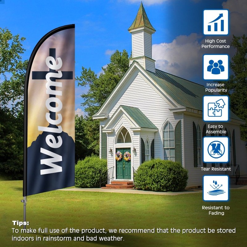 Welcome Flag - 8FT Religion Welcome Banner Feather Flag with Stainless Steel Pole Kit(2m flag set)