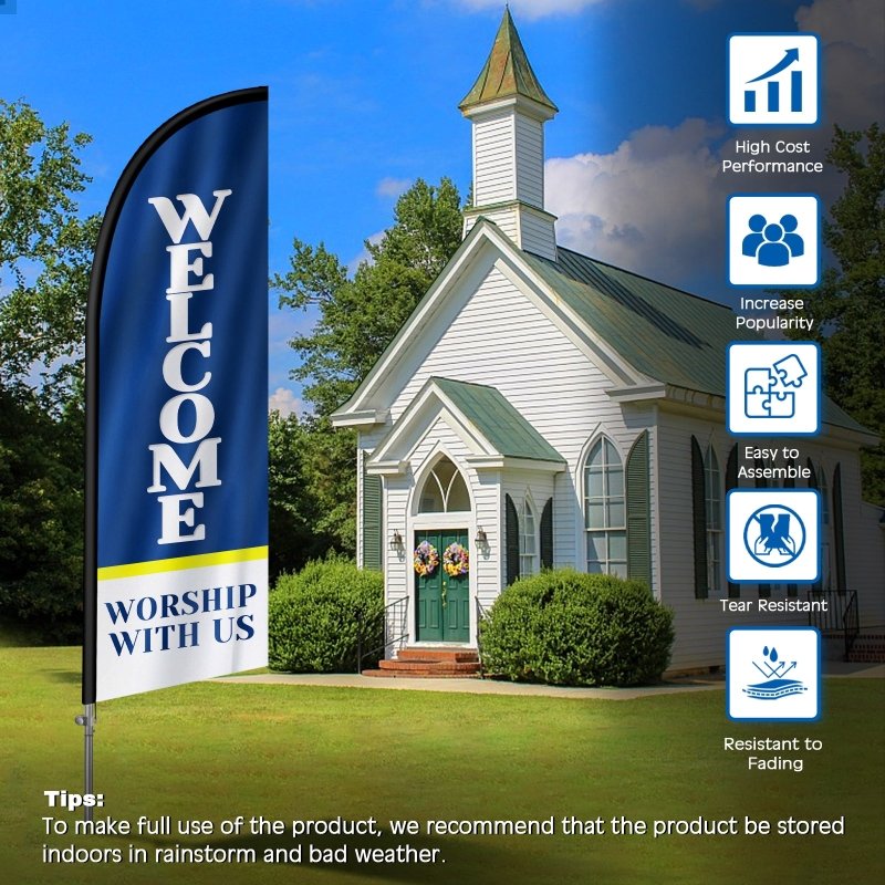 Welcome Sign - 8FT Welcome Blue Banner Feather Flag with Stainless Steel Pole Kit(2m flag set)